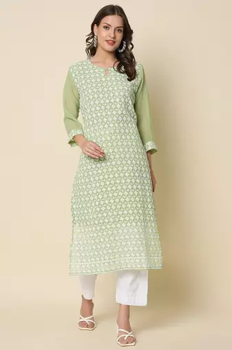 Pista color georgette fabric chikankari work formal kurta for girls
