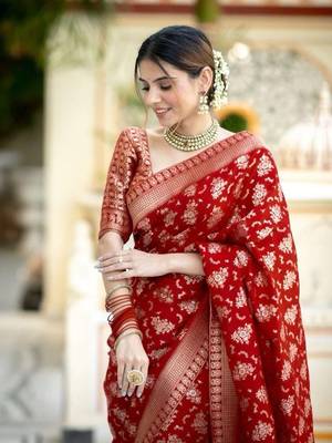 Red silk blend banarasi jaquard designer saree with blouse 1
