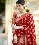 Red soft silk blend banarasi jacuard work designer saree with blouse