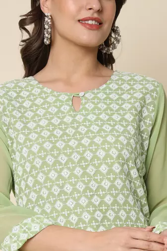 Pista color georgette chikankari formal kurta for girls