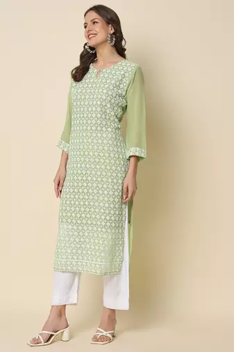 Pista color georgette chikankari formal kurta for girls
