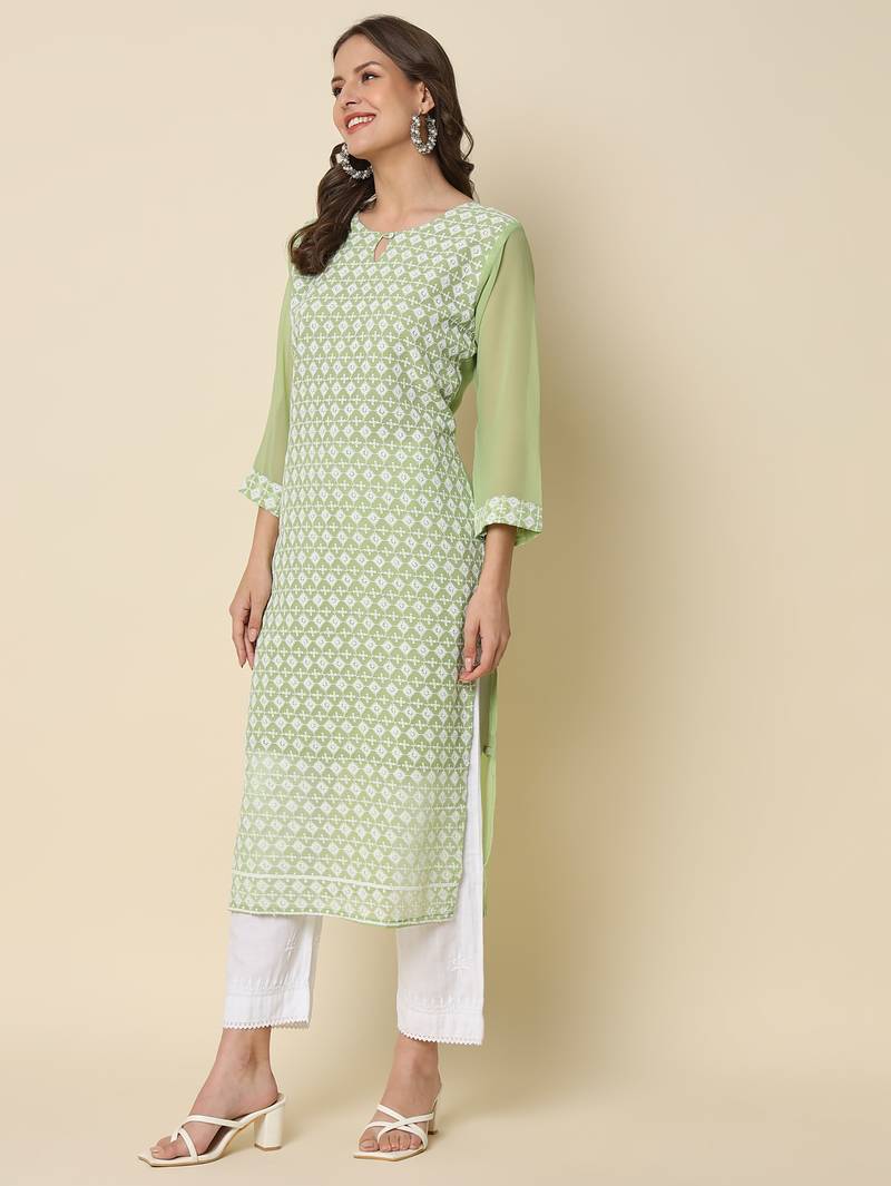 Pista color georgette fabric chikankari work formal kurta for girls