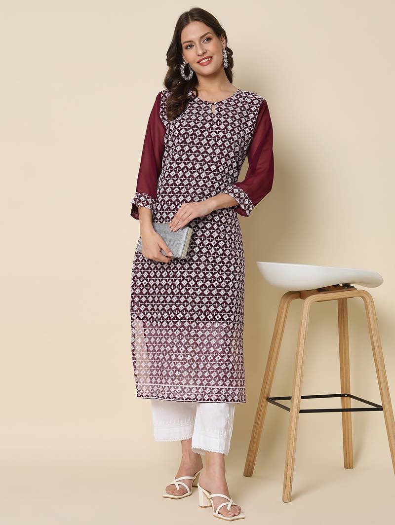 Purple color georgette fabric chikankari work formal kurta for girls