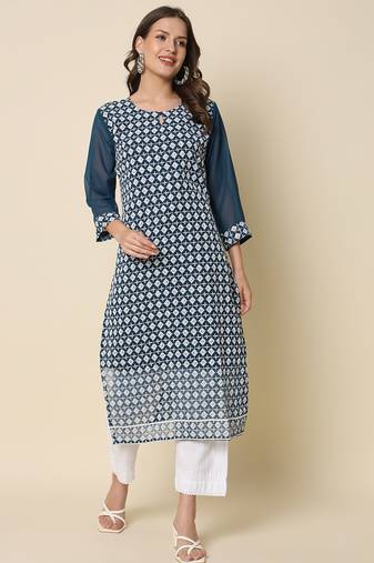 Teal color georgette fabric chikankari work formal kurta for girls