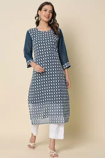 Teal color georgette fabric chikankari work formal kurta for girls