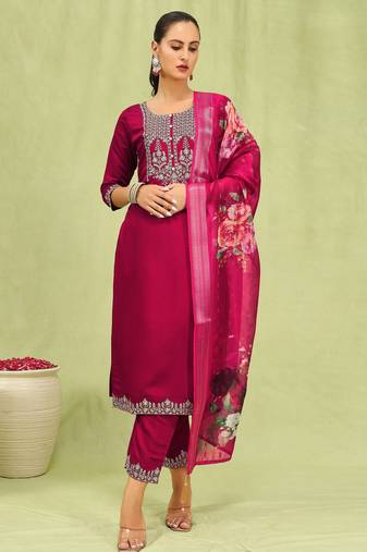 Pink color viscose roman silk fabric designer embroidered suit