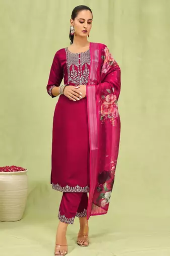 Pink color viscose roman silk fabric designer embroidered suit