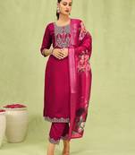 Pink color viscose roman silk fabric designer embroidered suit