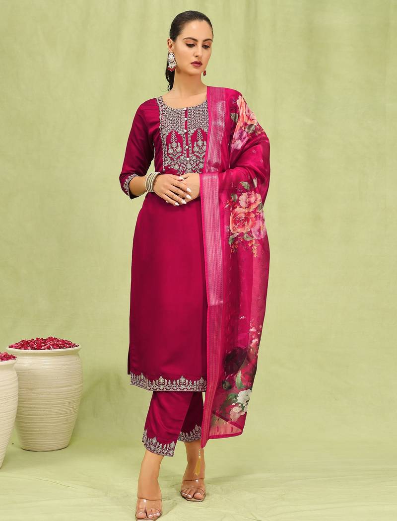 Pink color viscose roman silk fabric designer embroidered suit