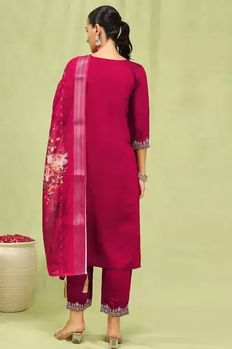 Pink color viscose roman silk embroidered suit