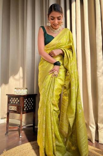 Yellow soft silk blend banarasi jacuard work designer saree with blouse
