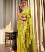 Yellow soft silk blend banarasi jacuard work designer saree with blouse