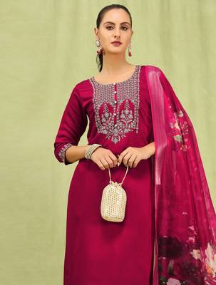 Pink color viscose roman silk embroidered suit 3