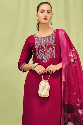 Pink color viscose roman silk embroidered suit