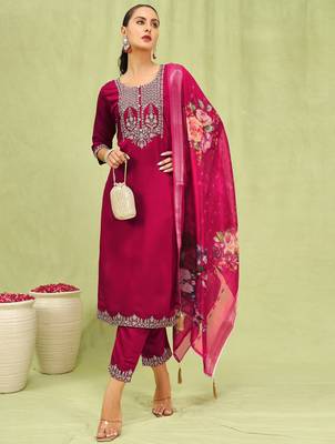 Pink color viscose roman silk embroidered suit 4