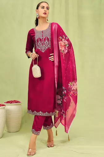 Pink color viscose roman silk embroidered suit