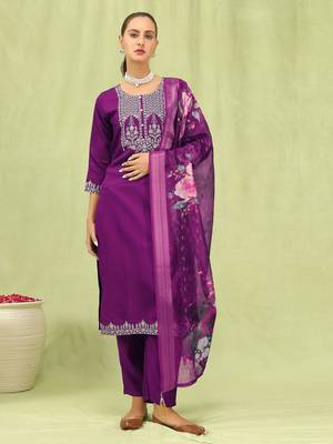 Purple color viscose roman silk embroidered suit 1