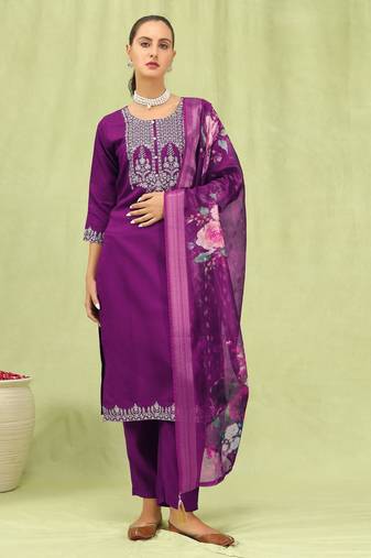 Purple color viscose roman silk fabric designer embroidered suit