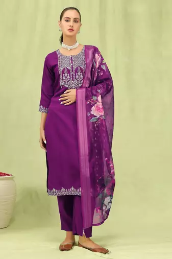 Purple color viscose roman silk fabric designer embroidered suit
