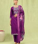 Purple color viscose roman silk fabric designer embroidered suit