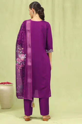 Purple color viscose roman silk embroidered suit