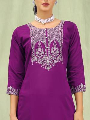 Purple color viscose roman silk embroidered suit 3