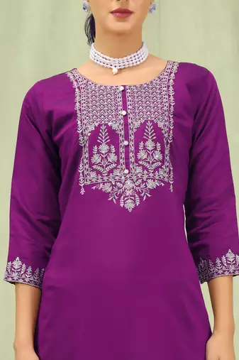 Purple color viscose roman silk embroidered suit