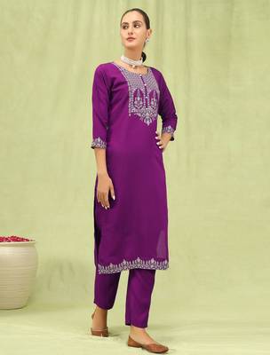 Purple color viscose roman silk embroidered suit 4
