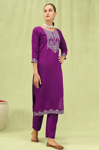 Purple color viscose roman silk embroidered suit
