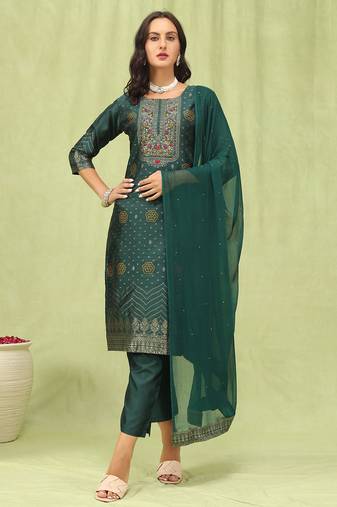 Green color silk blend fabric designer embroidered suit