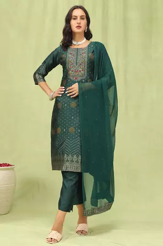Green color silk blend fabric designer embroidered suit
