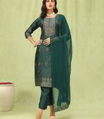 Green color silk blend fabric designer embroidered suit