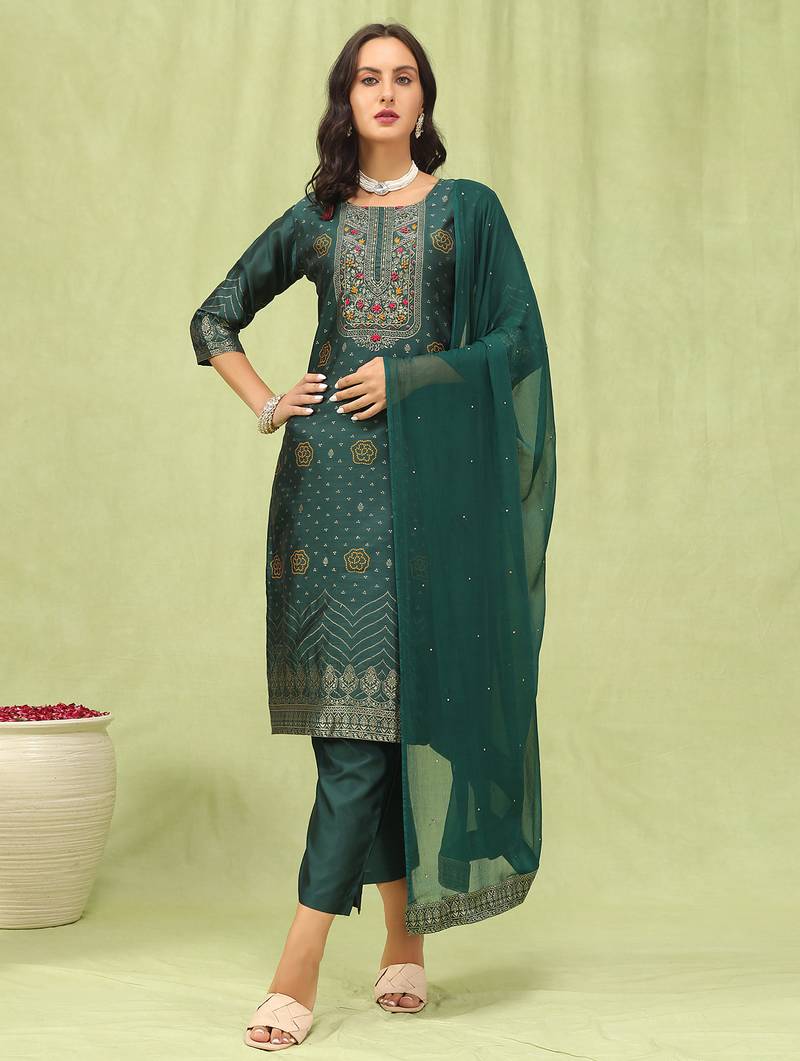 Green color silk blend fabric designer embroidered suit