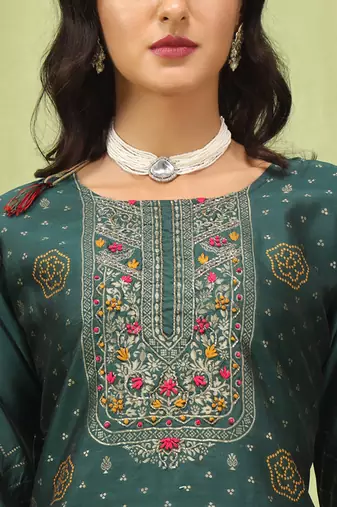 Green color silk blend embroidered suit