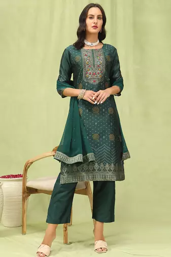 Green color silk blend embroidered suit