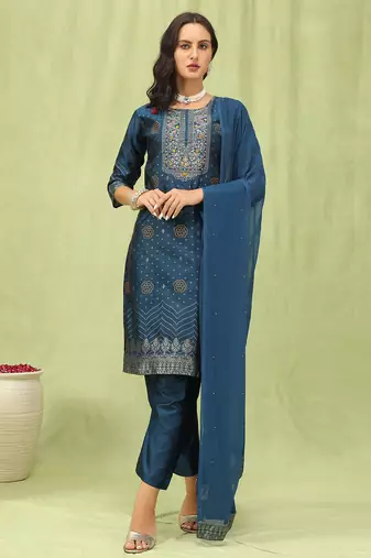 Blue color silk blend fabric designer embroidered suit