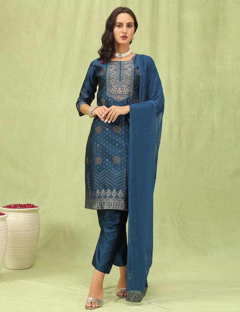 Blue color silk blend fabric designer embroidered suit