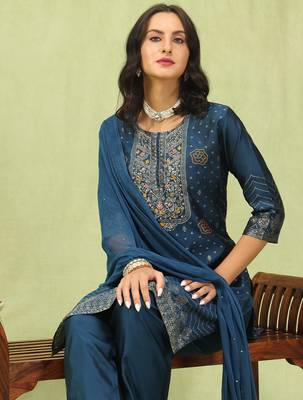 Blue color silk blend embroidered suit 4