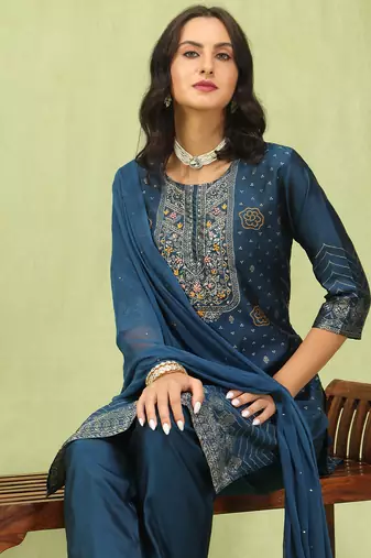 Blue color silk blend embroidered suit