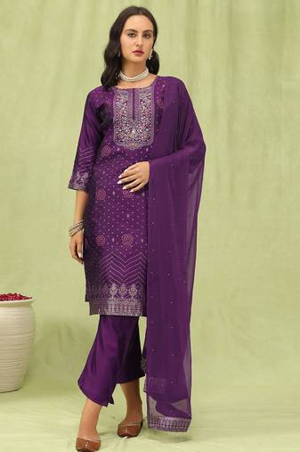 Purple color silk blend fabric designer embroidered suit