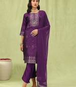 Purple color silk blend fabric designer embroidered suit
