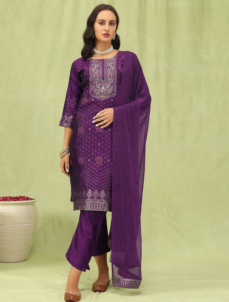 Purple color silk blend fabric designer embroidered suit