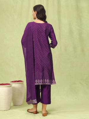 Purple color silk blend embroidered suit 2