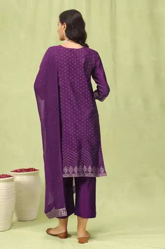 Purple color silk blend embroidered suit