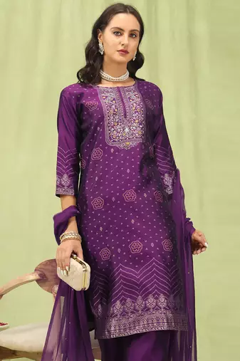 Purple color silk blend embroidered suit