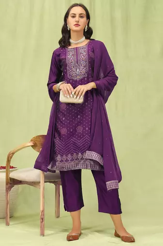 Purple color silk blend embroidered suit