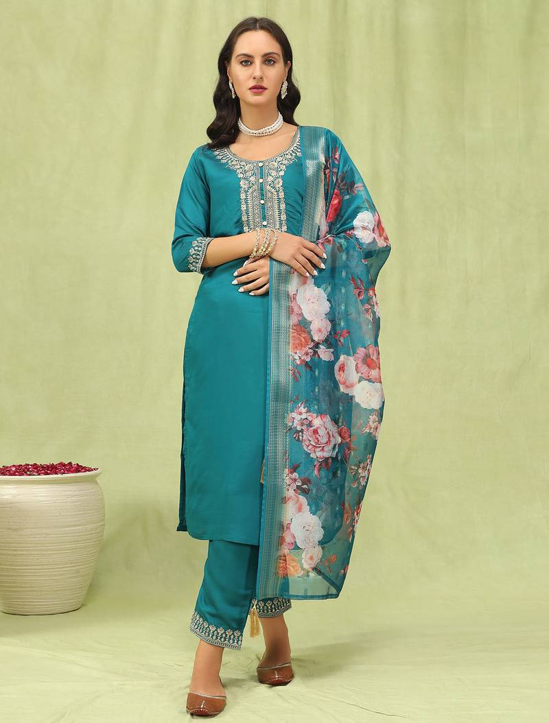 Rama color viscose roman silk fabric designer embroidered suit
