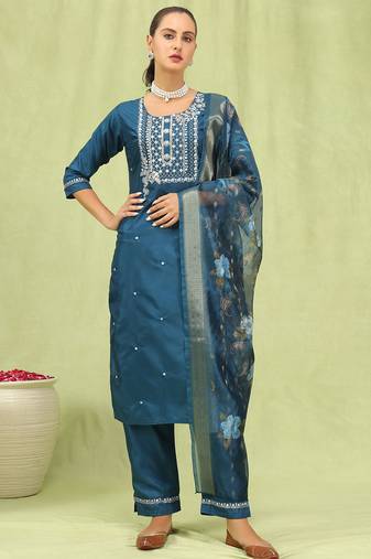 Blue color silk blend fabric designer embroidered suit
