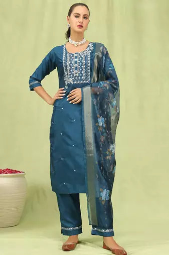 Blue color silk blend fabric designer embroidered suit