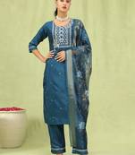 Blue color silk blend fabric designer embroidered suit